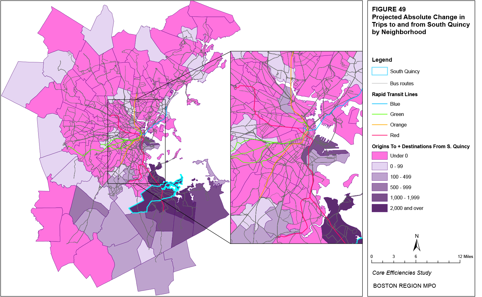 This map shows the projected absolute change in trips to and from the South Quincy neighborhood by neighborhood.